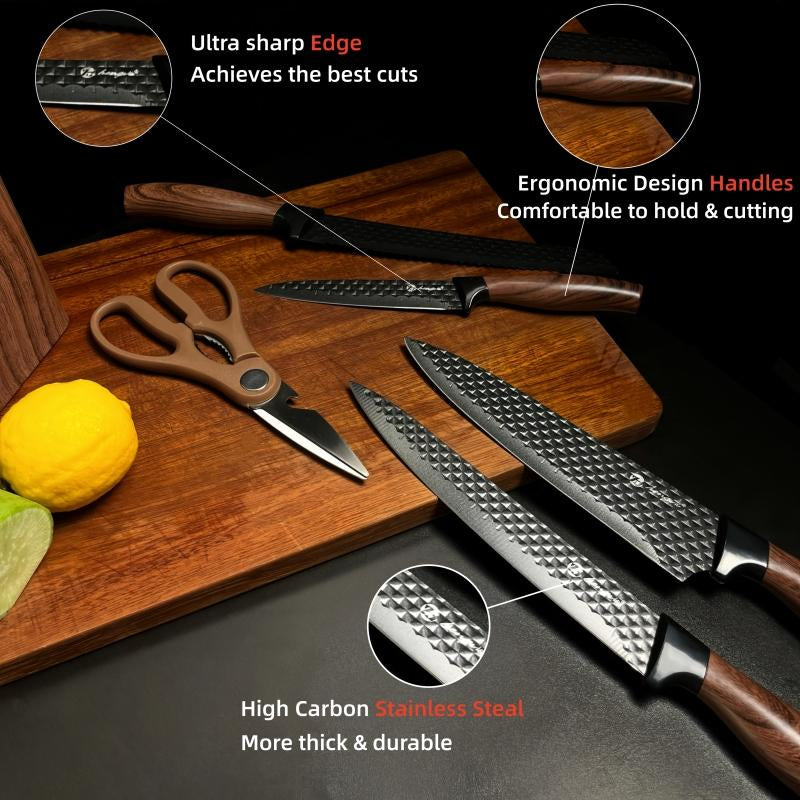 7-Piece Kitchen Knife Set with Block, Dishwasher Safe, Ideal for Kitchens Stainless Steel Kitchen Cooking Knives with Built-In Sharpener High-Carbon Professional Chef'S Knife, Steak Boning Perfect Gift for Men, Outdoor Fun
